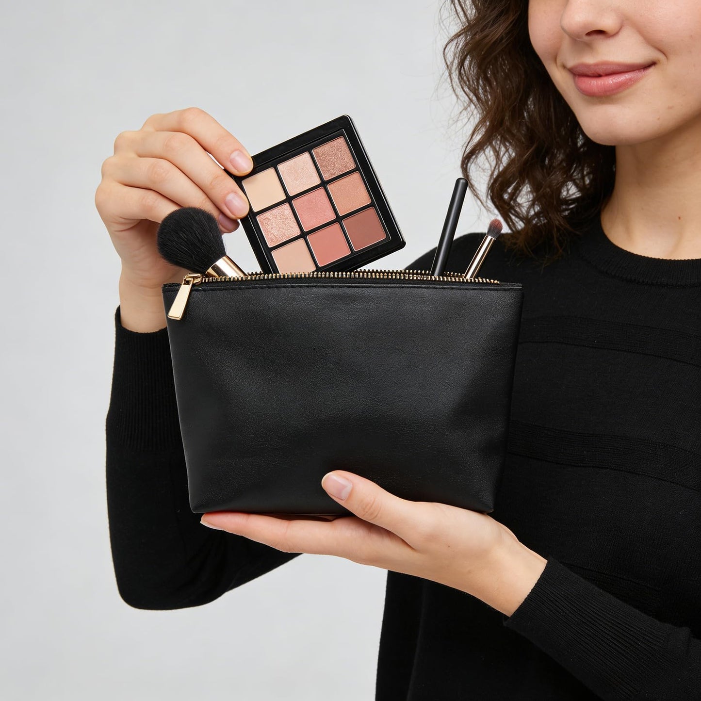 lllyan 3 Pcs Makeup Bag Set for Women Black Soft Leather Travel Cosmetic Bag Make Up Pouch Small Travel Zipper Pouch,Water-resistant Makeup Organizer Bag for Women（Flat black）