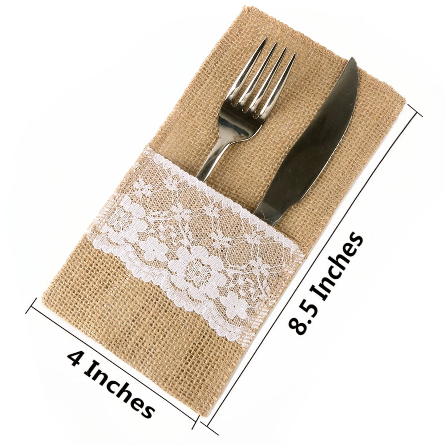 FQTANJU 50 PCS 4"x8" Burlap Lace Utensil Cutlery Holders Pouch Silverware Holder Knifes Forks Bags Burlap Napkin Bag for Rustic Wedding Party Decorations favors