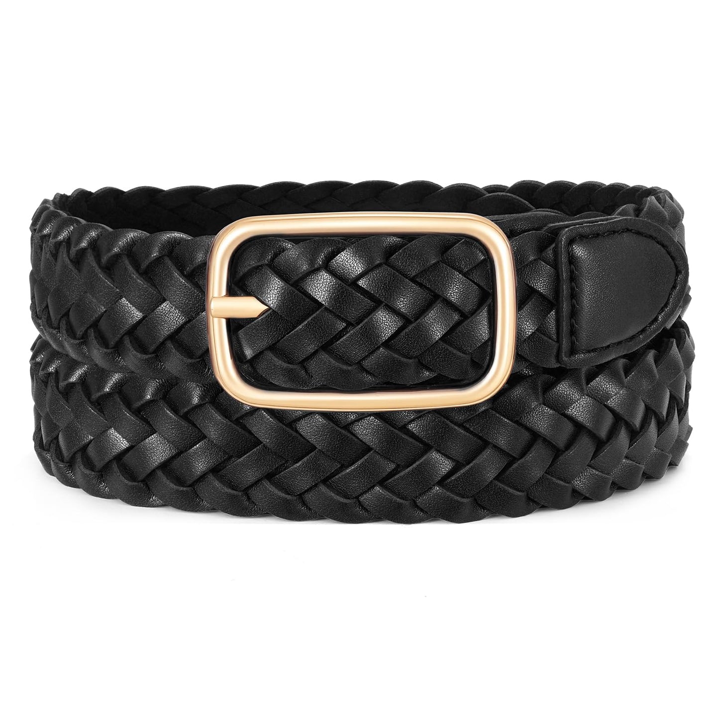 JASGOOD Women Braided Leather Belt Adjustable Plus Size Waist Belt Woven Fashion Casual Belt for Jeans Pants Dresses with Gold Buckle, Black