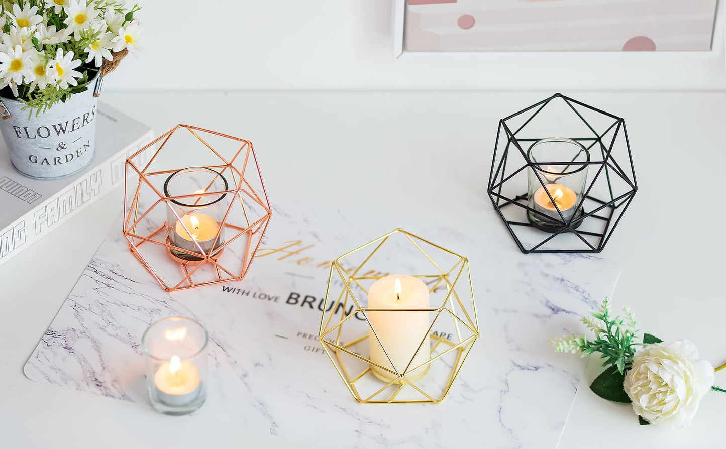 20pcs Geometric Candle Tealight Holders Gold - Holder for Tea Light Decorative Votive Candle Stand Accents for Home Table Shelf Mantel Modern Geo Decoration Christmas Wedding Reception Décor, Gold