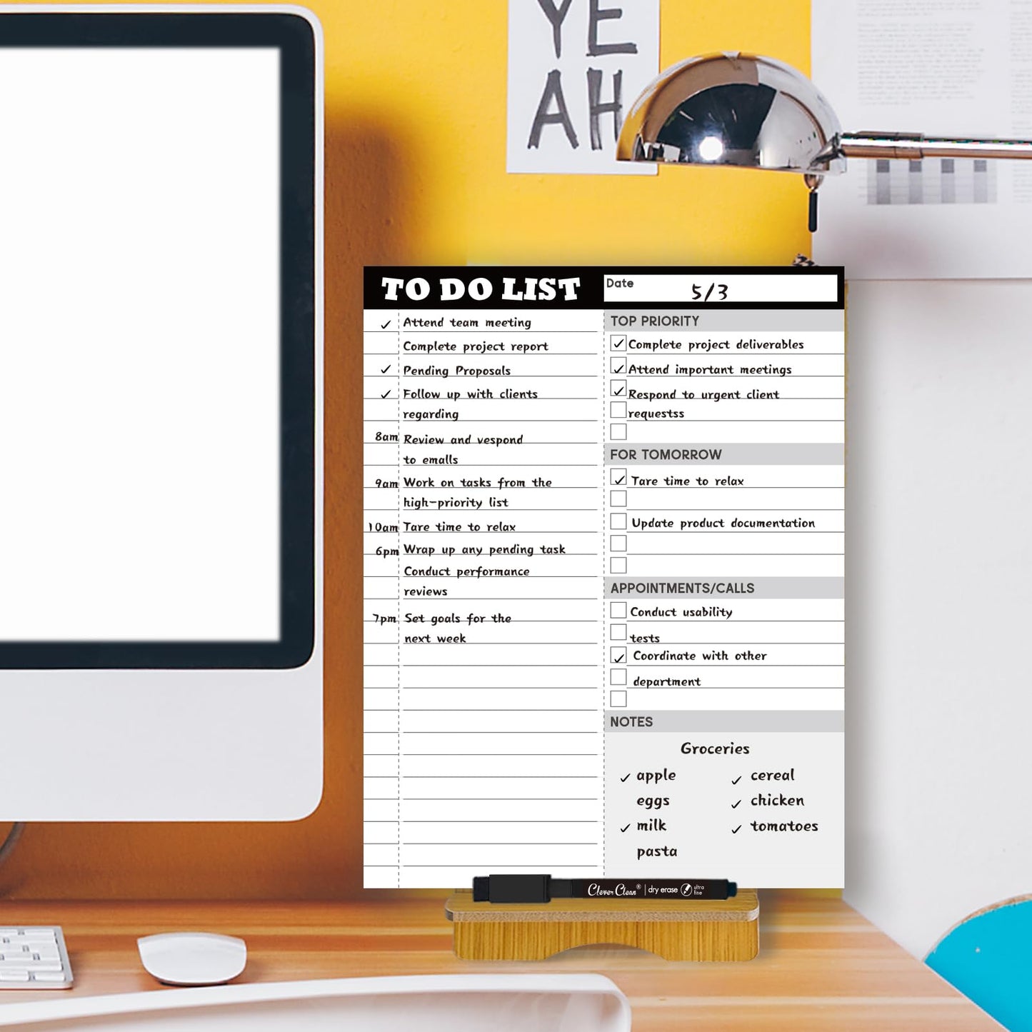 Dry Erase Desk Planning Board - Reusable Desktop Daily Planning Board, Work to-do List - 11"x8.5" Tabletop Dry Erase Board with Stand - Marker Included