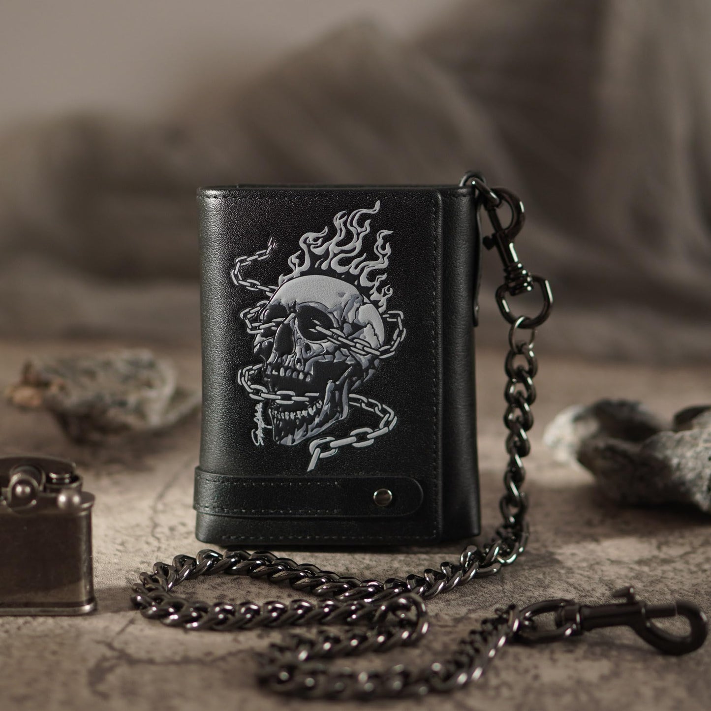 skneephate Men's Wallet With Chain Skull Trifold Wallets For Men,Soft Leather Wallet Chains Rfid Blocking Cool Mens Gift Idea (black)