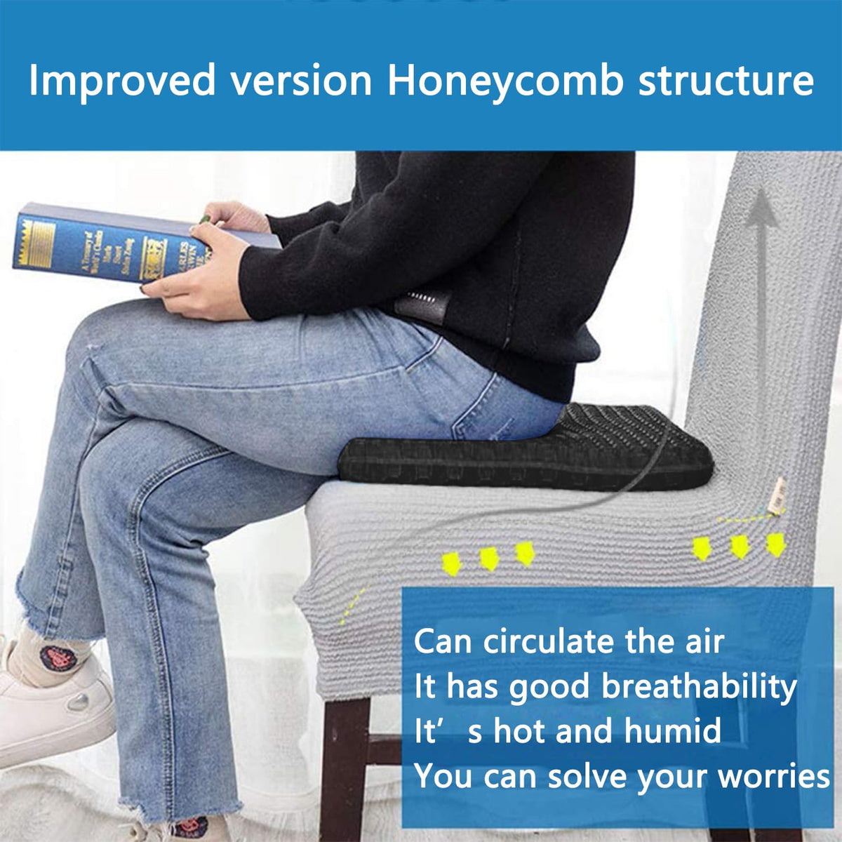 Fzitiy Gel Seat Cushion, for Long Sitting -Double Thick Gel Seat Cushion Breathable Honeycomb Chair Cushion with Non-Slip Cover for Office Chair Car, Wheelchair, Long Trips,Relief Sciatica Pain