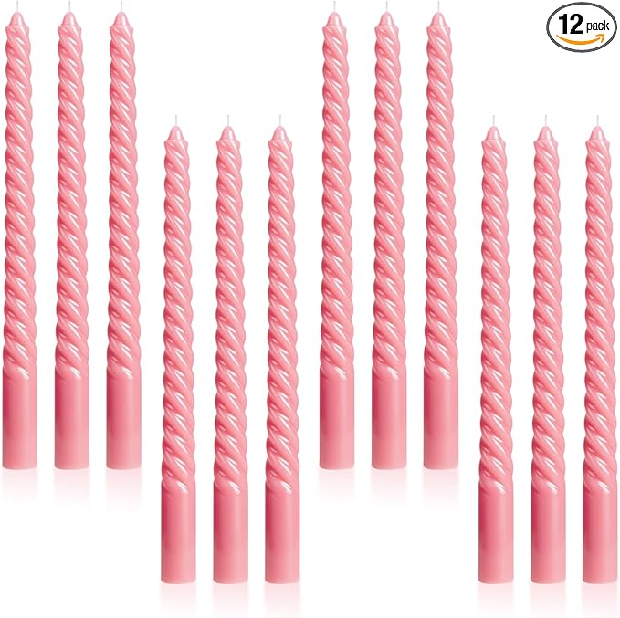 Tobeape Pink Twisted Taper Candles Set of 12, 10 Inch Tall Unscented Dripless, Smokeless Spiral Tapered Candlestick for Wedding Home Décor Dinner Birthday Party Valentine's Day - 8 Hour Long Burning