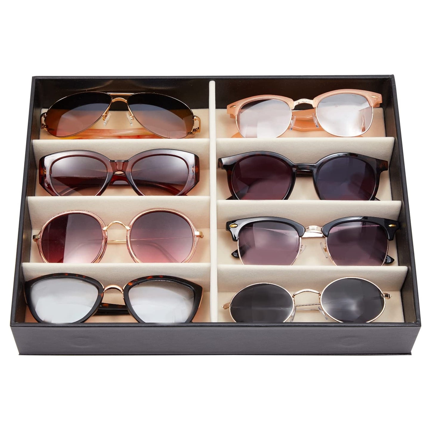 Juvale Glasses Case Organizer - 8-Slot, 12.6 x 9.8 x 2.5 in, Black Faux Leather - Sunglasses Storage & Holder for Nightstand & Desk - Flip-Top Display Case