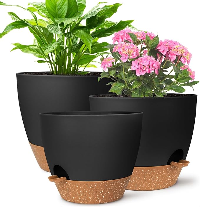 Plant Pots, Self Watering Planters for Indoor Plants with Drainage Hole, Plastic Flower Pot for Succulents, African Violet (Black, 12/10/9)