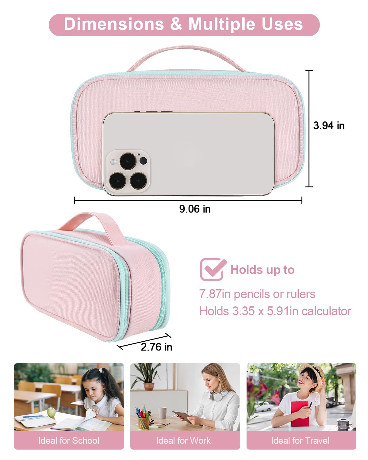 Amersun Large Capacity Pencil Case Pouch for Girl, Student, Women, Teen - Multi-Compartment, High Storage, Marker Pen Stationery Box Bag Organizer Holder for School College Office (Pink)