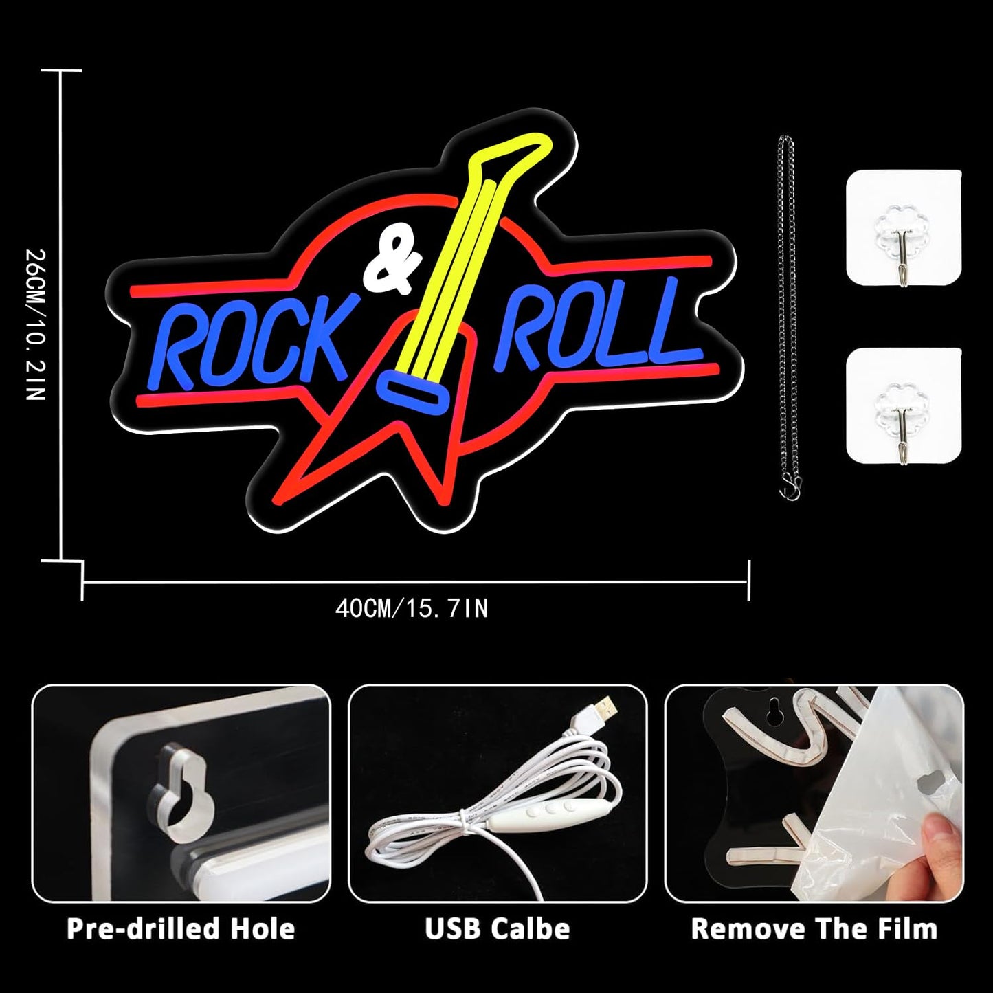 UExnkj-Y Rock Roll Neon Sign Guitar Neon Sign Led Neon Light for Wall Decor USB Powered Dimmable Music Neon Light for Bar Bedroom Music Studio Vocal Recital Concert Man Cave