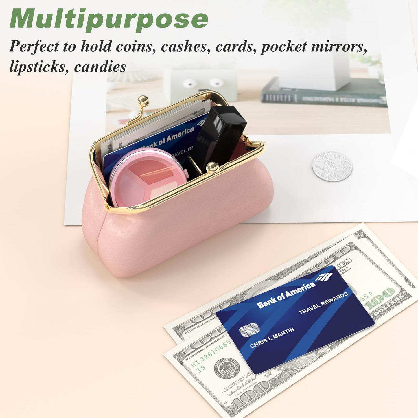 Coin Purse, Small PU Leather Change Purse, Coin Wallet with Clasp, Car Change Holder Pouch for Woman Men Kids Girls, Pink