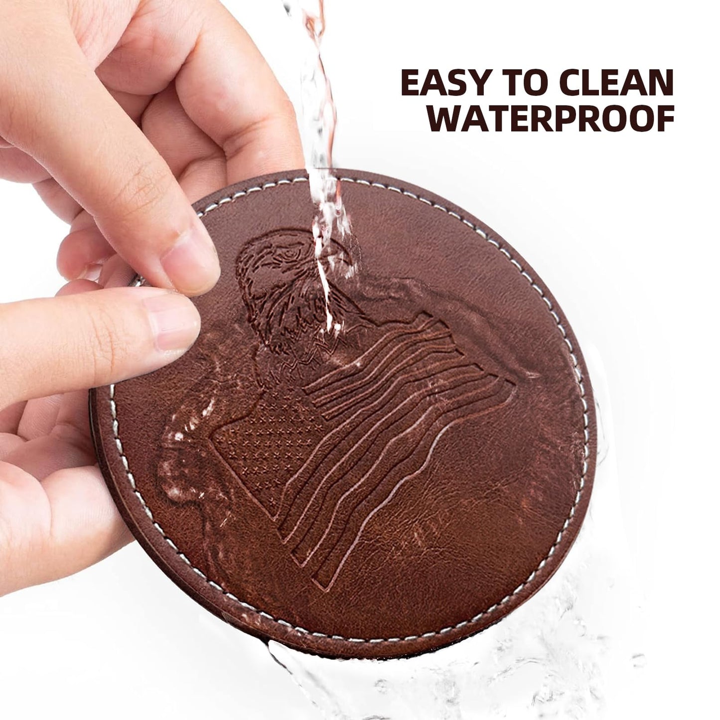 Coasters for Drinks, Wayzton Set of 6 Faux Leather Handmade Embossing Coasters with Holder Waterproof Round Cup Mat Pad for Home Office Bar Decor Housewarming Gifts