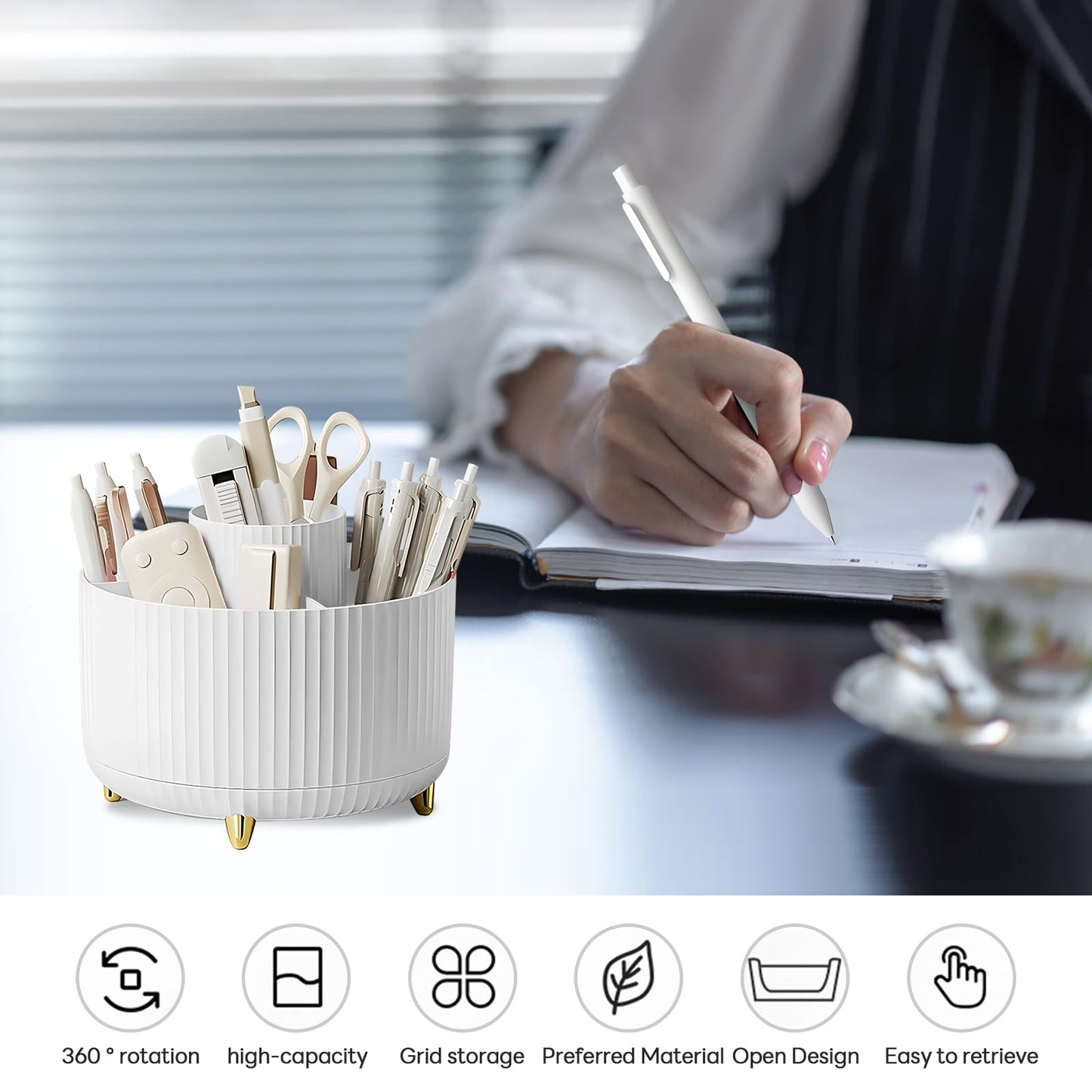 11 Pcs White Desk Accessories, 360 Degree Rotating Pen Holder Set with Stapler Set, Tape Dispenser Set, Scissor, Paper Clips Kit, Pen, Ruler & Sticky Tabs for Office School Home (White)