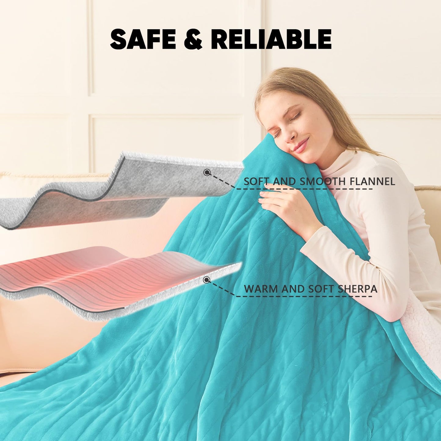 greenoak Heated Blanket Electric Throw 50"X60", Heating Blanket with 10 Heat Levels 8 Hours Auto-Off,Fleece Soft Christmas Blanket, Gifts for Grandma Seniors Mom, Lake Blue