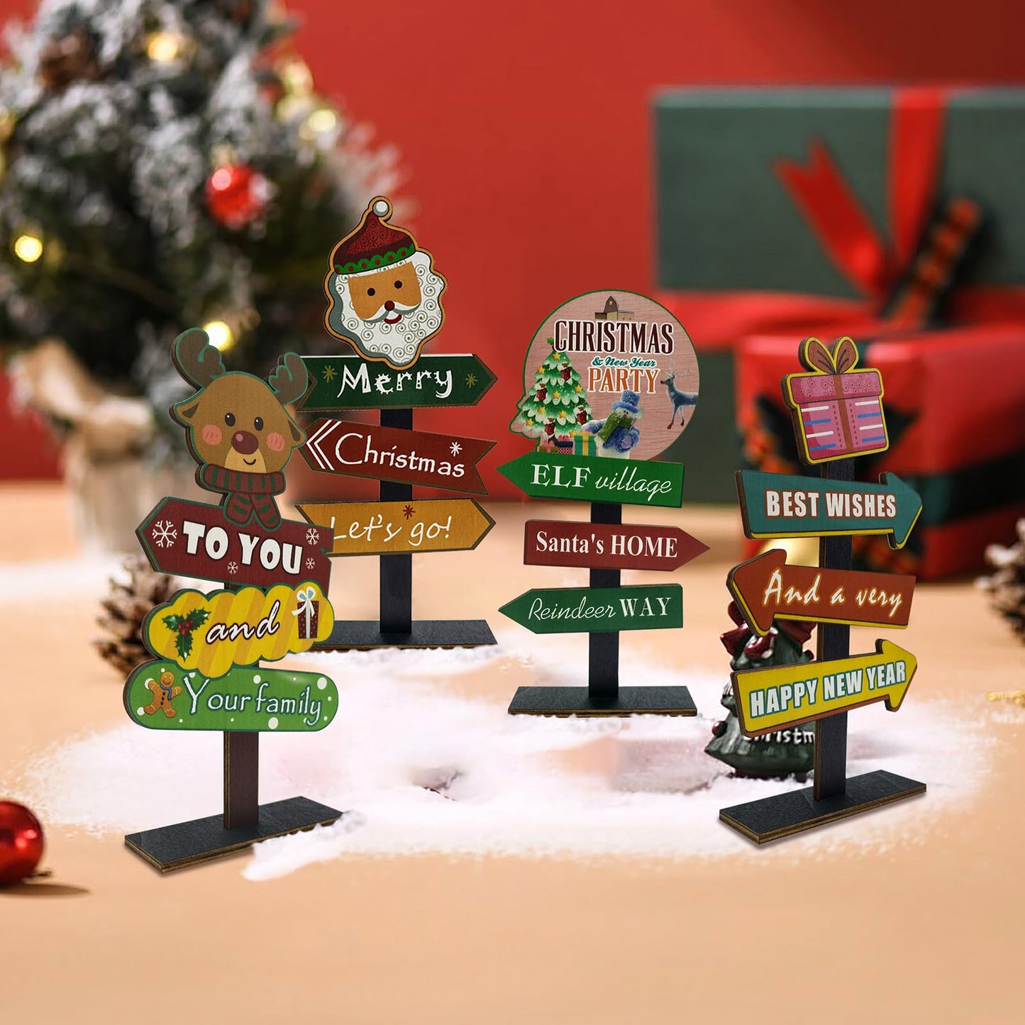 YvSuZeBuDa Christmas Table Decorations, 4 Piece Wooden Rectangular Sign Boards, Rustic Farmhouse Style, Polychrome, 8.86 x 4.72 Inches, Wall Mount with Twine, Cozy Theme
