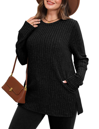 SAMPEEL Womens Sweaters Crewneck Long Sleeve Shirts with Pockets Fall Outfits 2025 Fashion Winter Clothing Side Slit