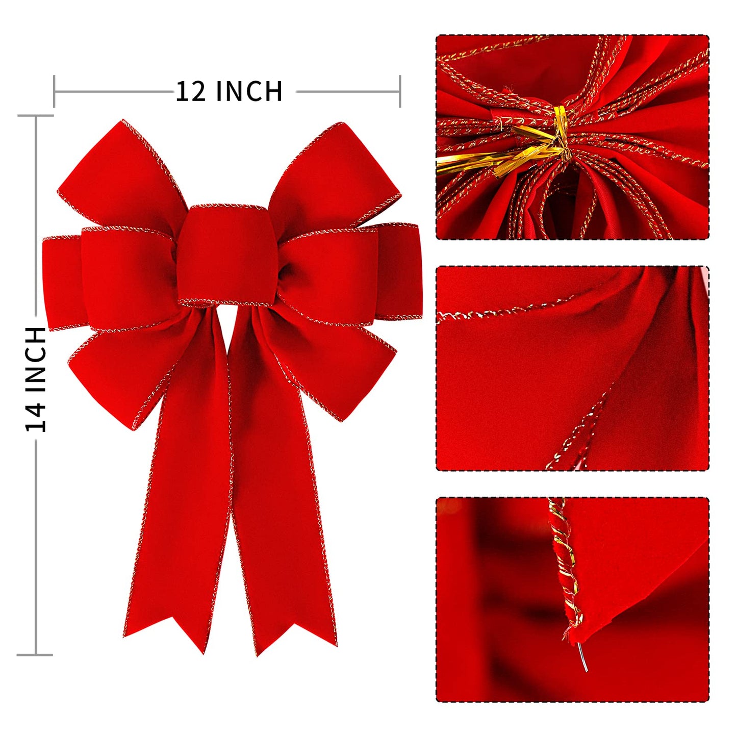 Red Christmas Bows Decorations Big Velvet Bow with Wired Gold Border for Tree Topper, Wreaths, Outdoor, Garland, Outside (12 * 14 inch)