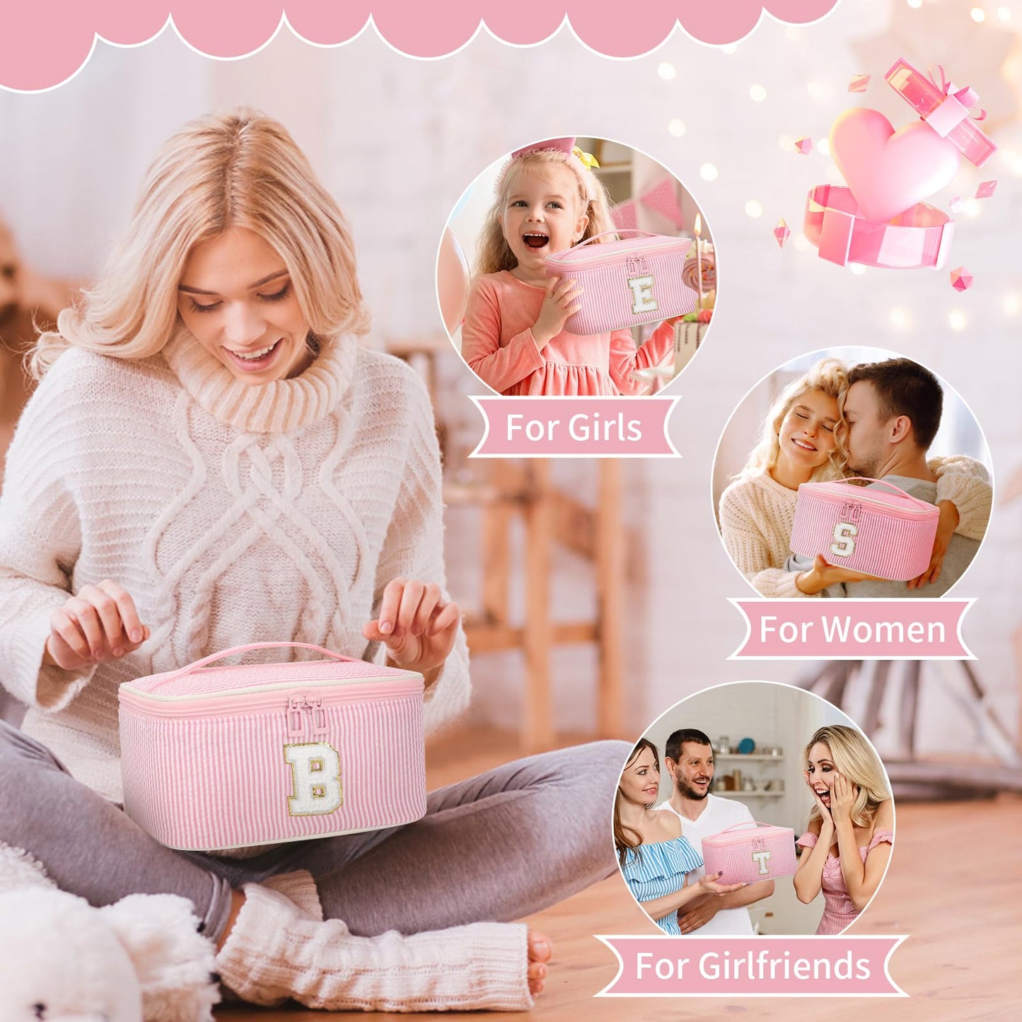 OCHEAL Makeup Bag for Women, Monogram Cosmetic Bag Pink Travel Makeup Case Beauty Toiletry Bag Organizer Personalized Gifts for Girls Bridesmaid, Sister, Wife, Friends Initial A