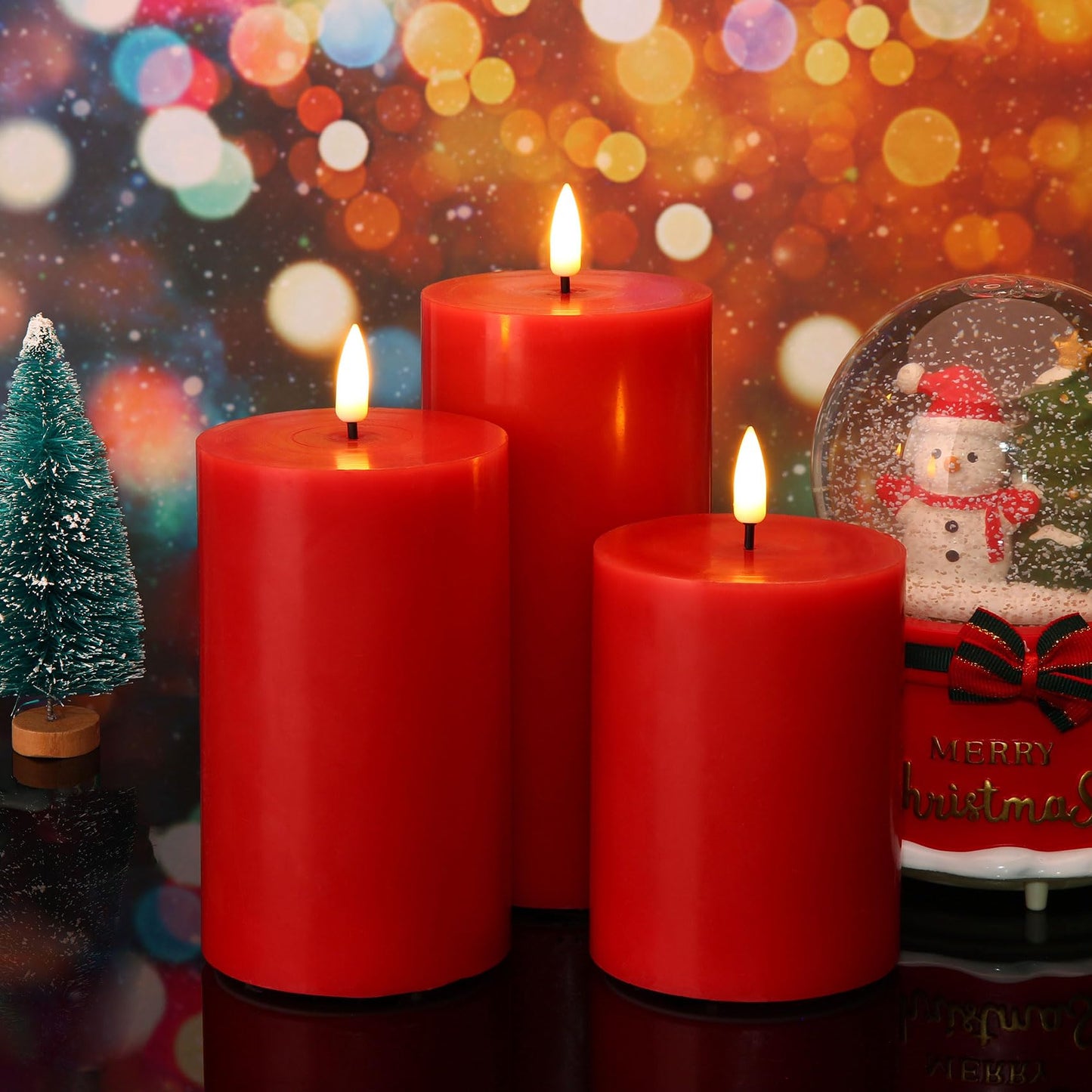 Eywamage Red Flameless Pillar Candles with Remote, Flickering Battery Operated LED Wax Candles Set of 3