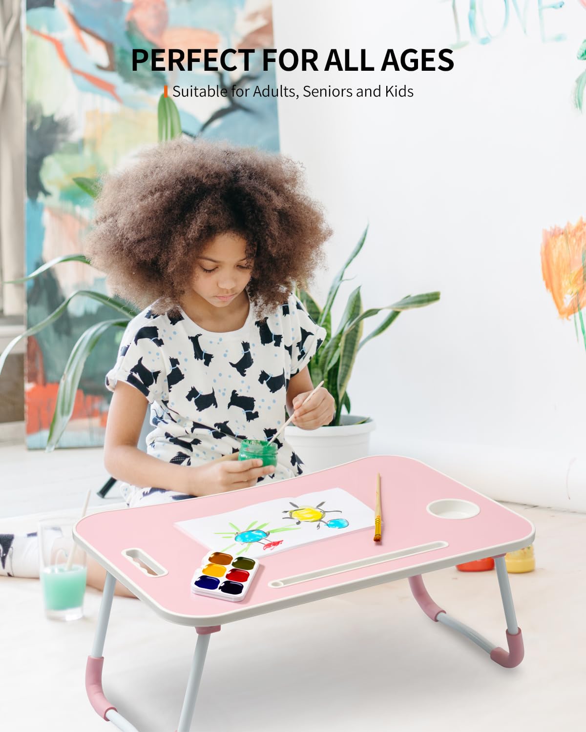 FISYOD Foldable Laptop Table, Portable Lap Desk Bed Table Tray, Laptop Stand with Cup Holder & Tablet Slot & Lifting Handle for Working Writing Drawing & Eating (Pink)