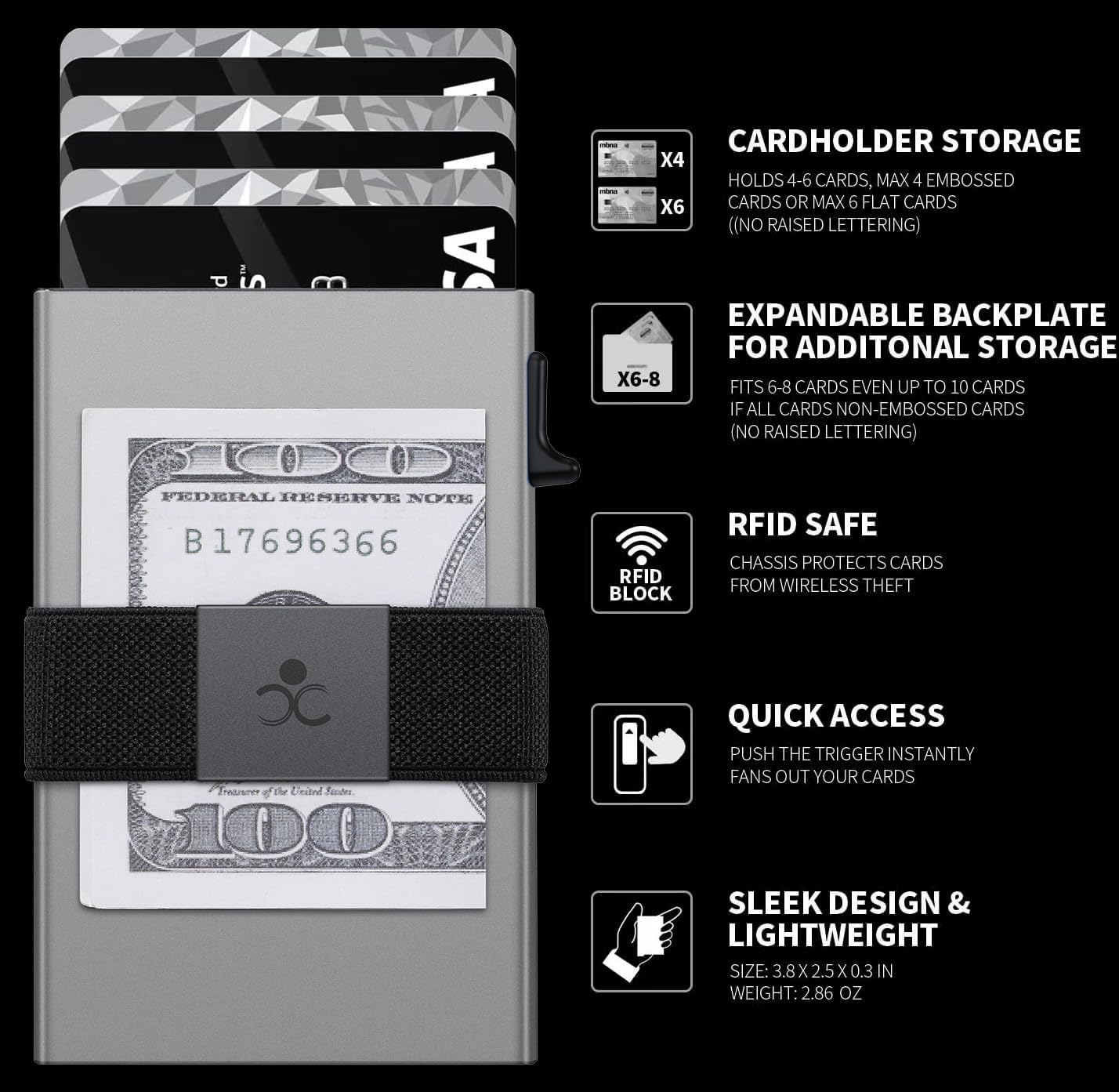 SEMORID Slim Aluminum Card Holder Wallet for Men, Durable Expandable Backplate, RFID Blocking Minimalist Metal Pop Up Wallet, Holds 12 Cards Plus Cash (Grey)
