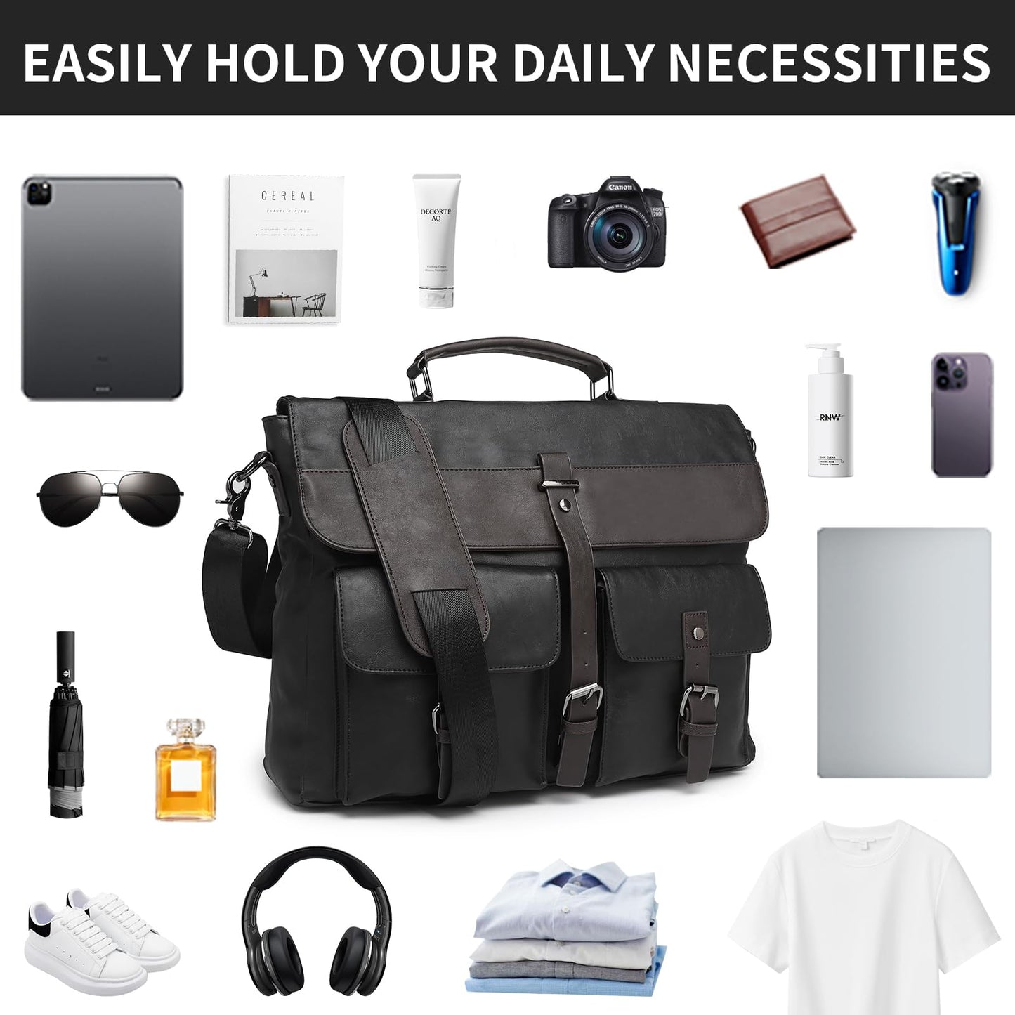 Leather Messenger Bag for Men,15.6 Inch Vintage Mens Laptop Bag Water Resistant Business Travel Briefcase Satchel Work Computer Bag Black