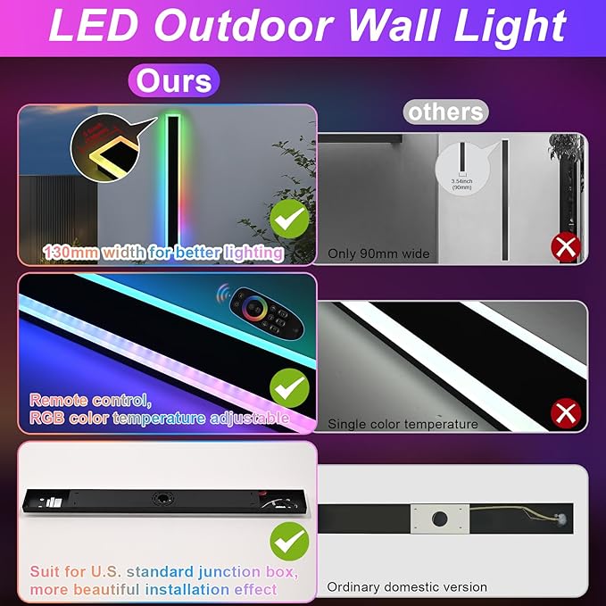Outdoor LED Wall Lights for House,2 Pack Long RGB Outdoor Wall Lights,60 inch Long Linear Light Fixture,Dimmable Long Outside Wall Light for Porch,Enterway,Garage with Control Remote