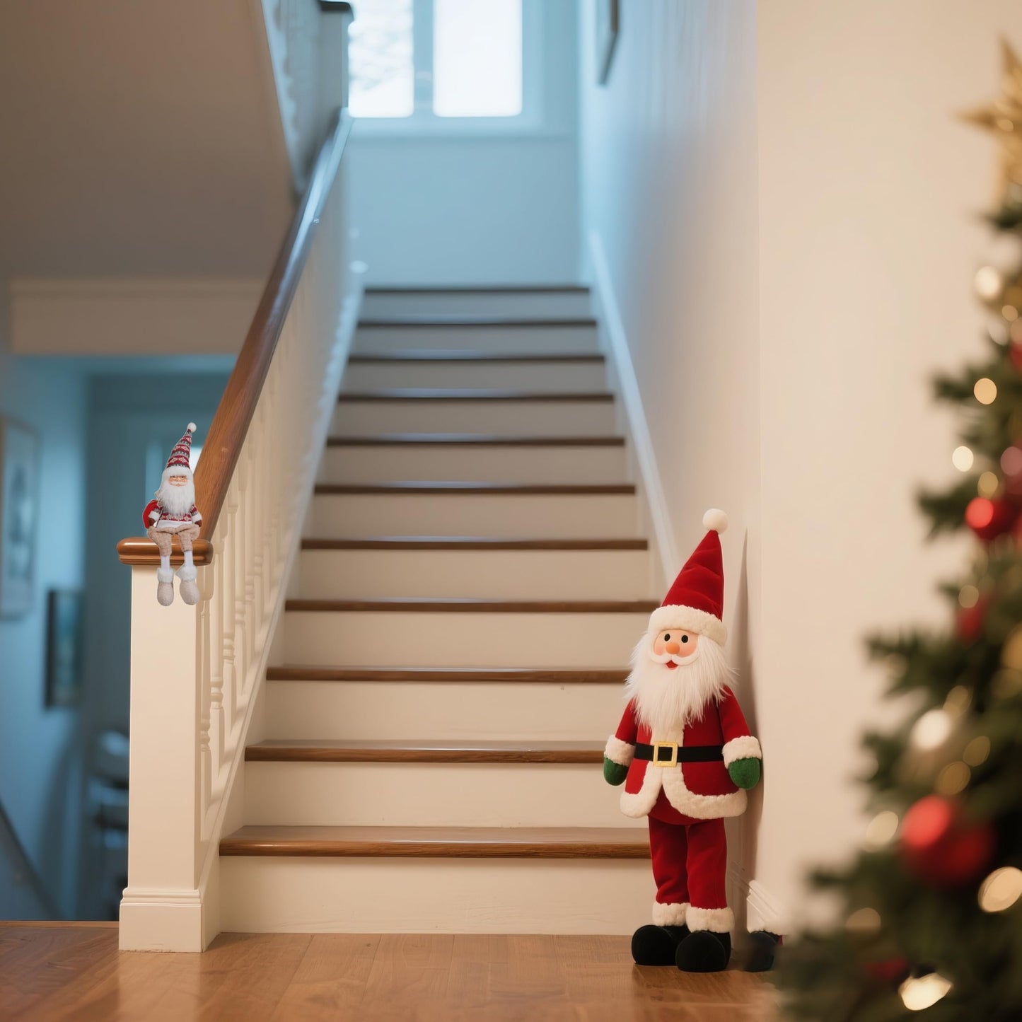 Dedrian11 23.6’’ Christmas Sitting Santa Shelf Sitter Decor, Long Dangling Legs, Poseable Wired Hat & Arms, Nordic Knit Sweater, Mantel Shelf Tabletop Ornament, Weighted Bottom