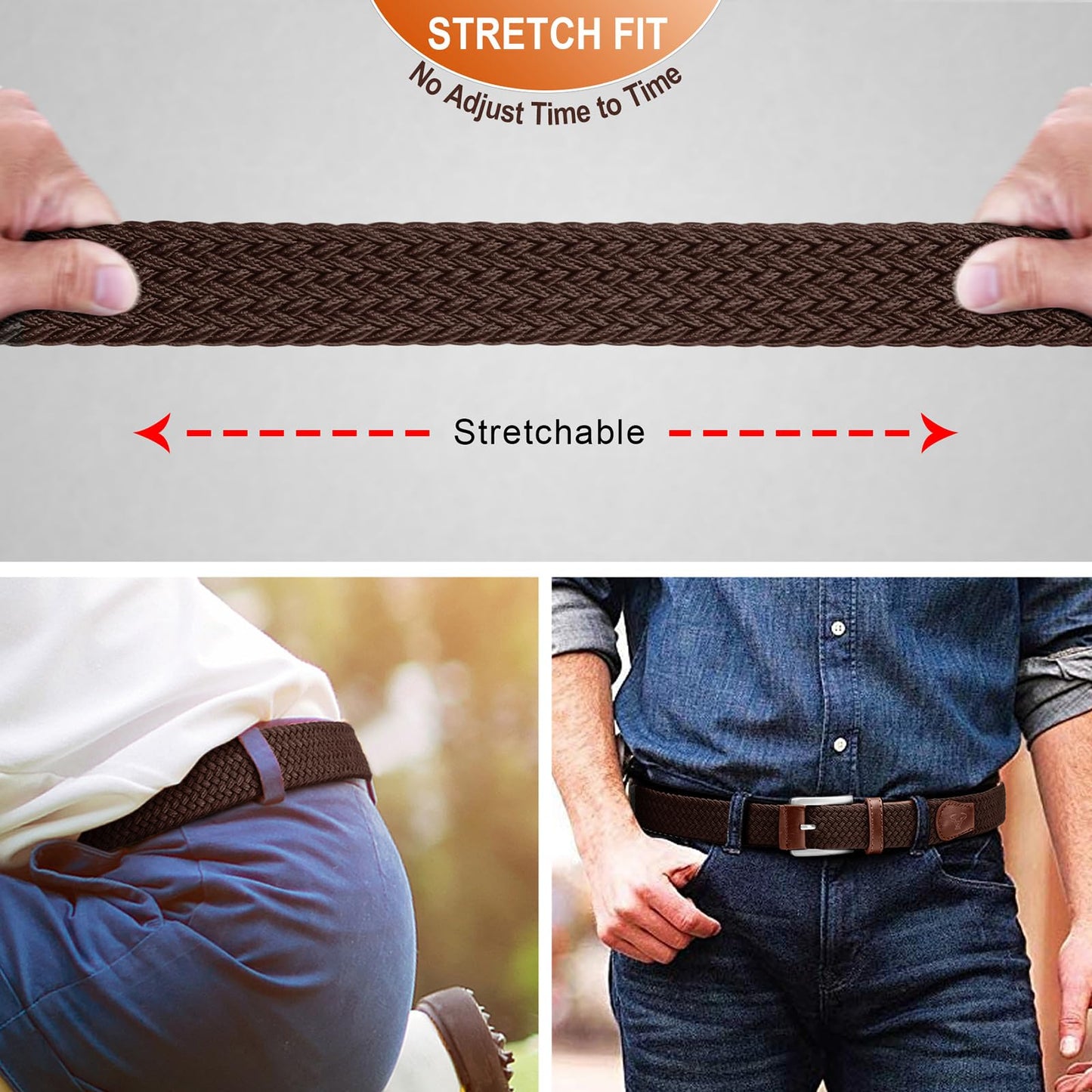 BULLIANT Belt for Men 2Pack,Mens Gift Stretch Braided Web Belt Elastic for Casual Golf Jeans,1 3/8"(Black/Deep Brown,36"-40" Waist Adjustable)