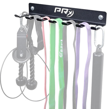 PRx Performance Wall-Mounted Gym Rack Organizer – Heavy-Duty Fitness Equipment Storage for Resistance Bands, Jump Ropes & Lifting Belts– Space-Saving 7 Hook Shelf, Made in USA – Compact Design - Black