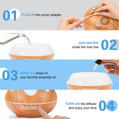 Essential Oil Diffuser for Home 500ML, Ultrasonic Large Diffuser Oil Machine with Remote Control, Aromatherapy Diffusers for Home Office Room, Aroma Diffuser with 14 Color LED & 2 Mist Mode, Brown
