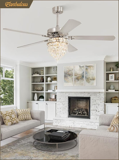 Fanbulous 60 Inch Modern Farmhouse Fandelier Ceiling Fans with Lights, Brushed Nickel Crystal Ceiling Fan Chandelier, 6 Speeds and Reversible, 3CCT, Indoor Ceiling Fan for Living Room Bedroom Kitchen