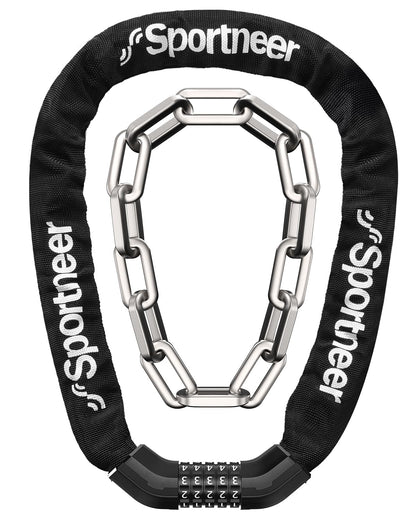Sportneer Bike Chain Lock: 5-Digit Resettable Combination Heavy Duty Anti-Theft Square Link 3.2ft Bicycle Lock for Bike, Motorcycle, Scooter, Door & Gate - 6mm Thick, Easy to Use