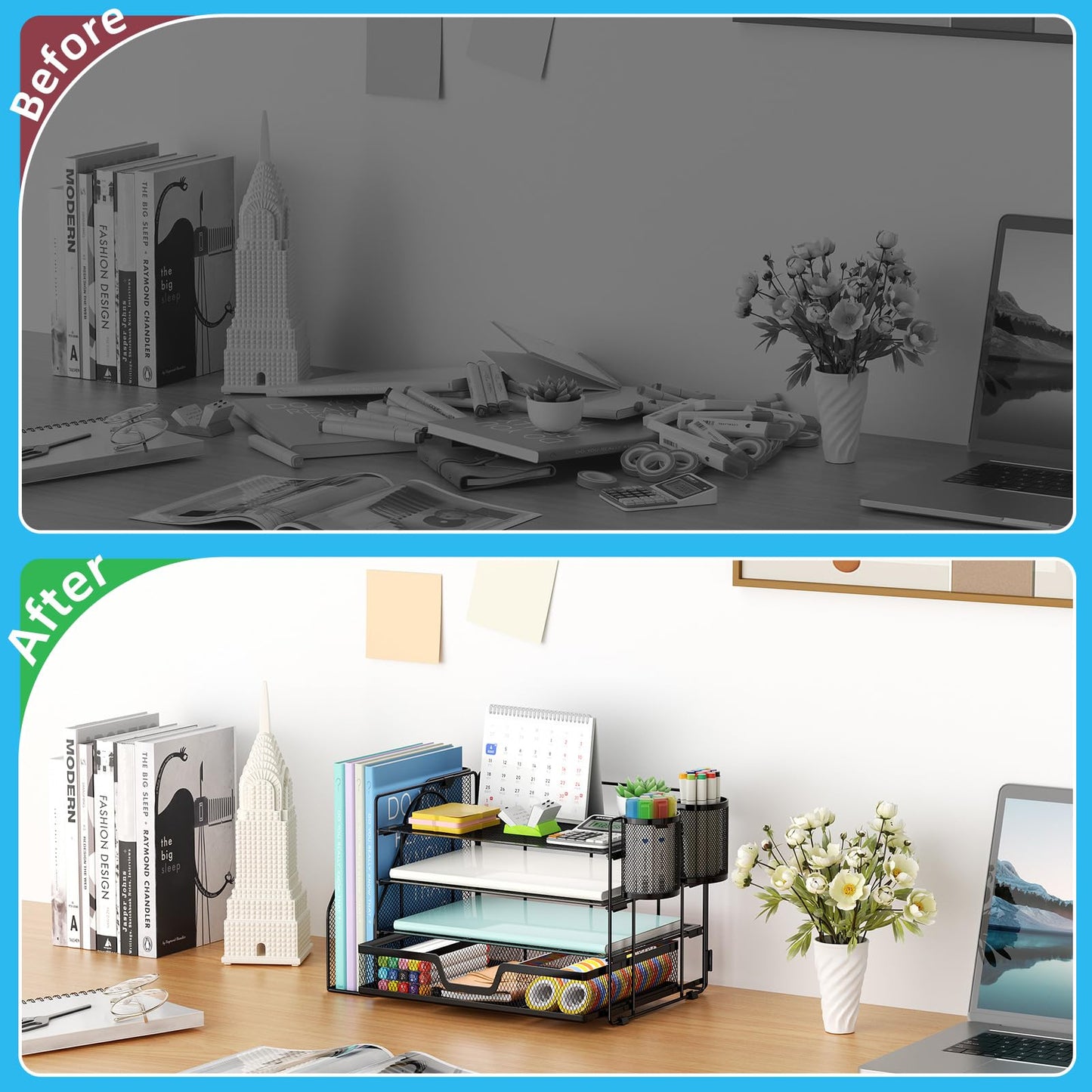 Marbrasse Desk Organizer and Accessories，4-Tier Paper Letter Tray Organizer with File Holder, Desk Accessories & Workspace Organizers with Drawer and 2 Pen Holder (Black, 15.4" x 9.1" x 8.3")