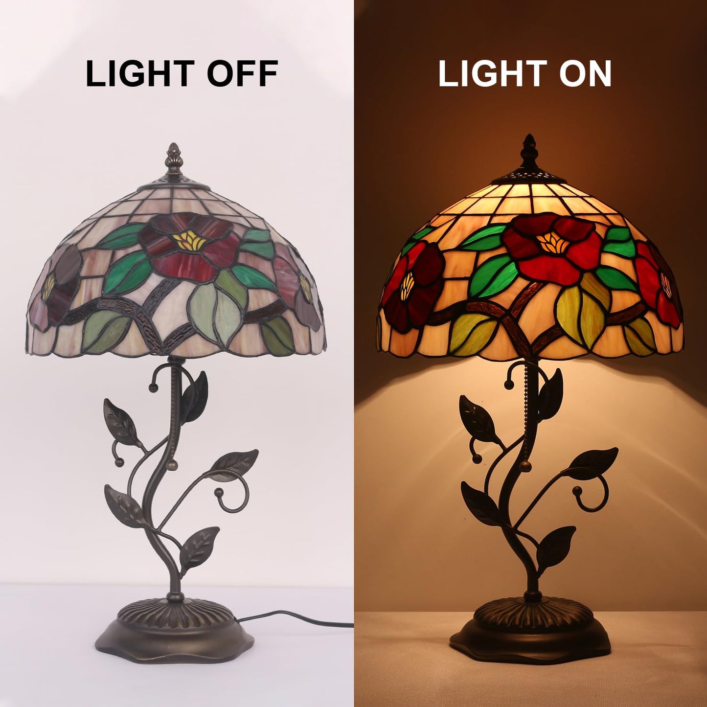 TFNALNB Tiffany Table Lamp, Stained Glass Crabapple Flower Design, with Metal Leaf Base, 12x12x19 Inch for Bedroom, Living Room, Home, Office