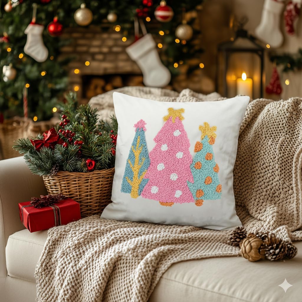GEEORY Christmas Pillow Covers 18x18 Inch, Canvas Embroidered Xmas Tree Throw Pillows, Farmhouse Home Decoration Cushion Case for Sofa & Bed (Pink