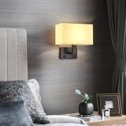 Bedside Wall Mount Light with USB, LED Reading Swing Arm Fabric Shade Wall Sconce Light Hardwired, Perfect for Bedroom, Living Room and Hotel (Black)