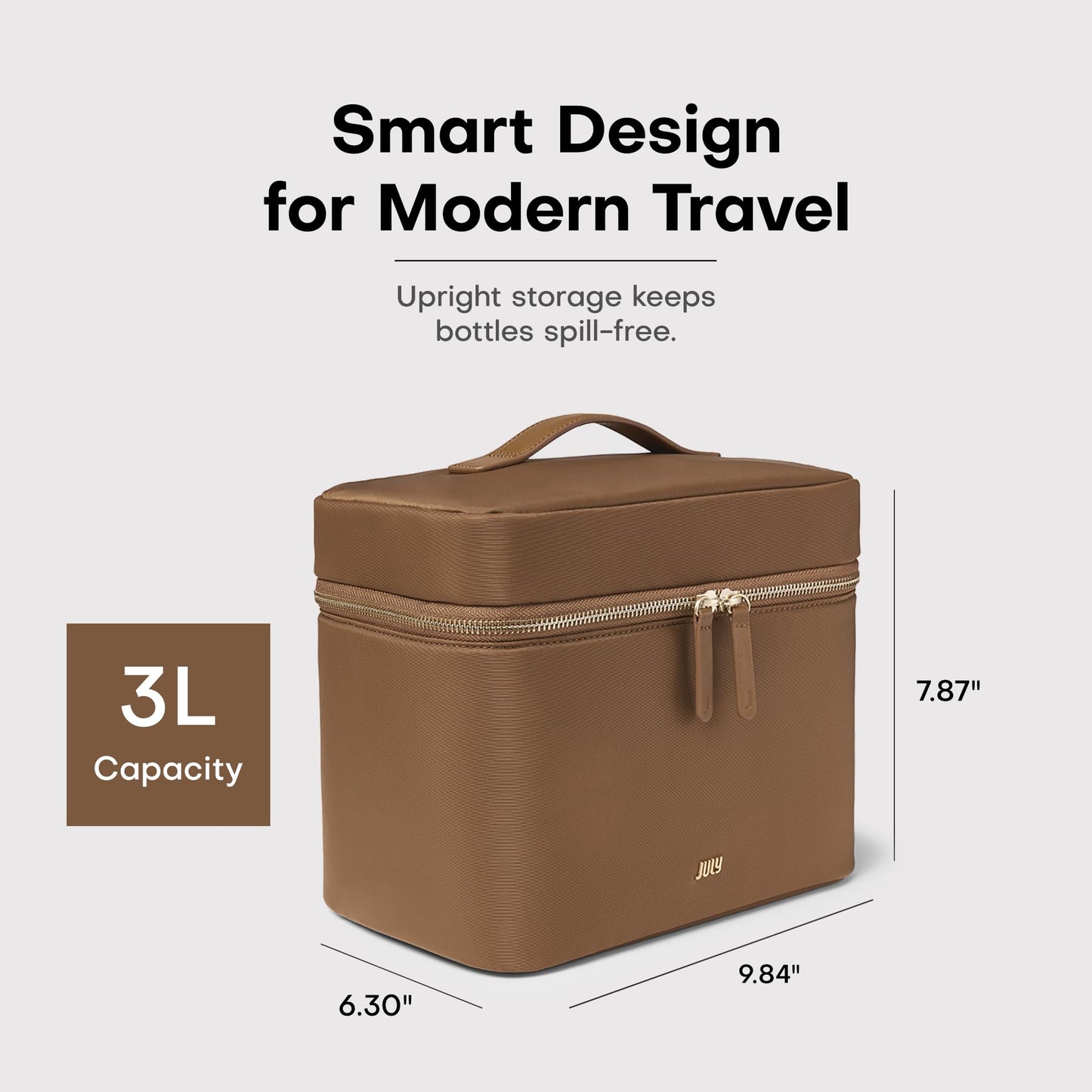 July Vanity Cosmetic Case - Stylish Travel Makeup Bag for Women with Removable Wet Pouch, Upright Bottle Design, Clear Top Pocket, Leather Handle, Travel Essentials, Toiletry Organizer - Light Brown