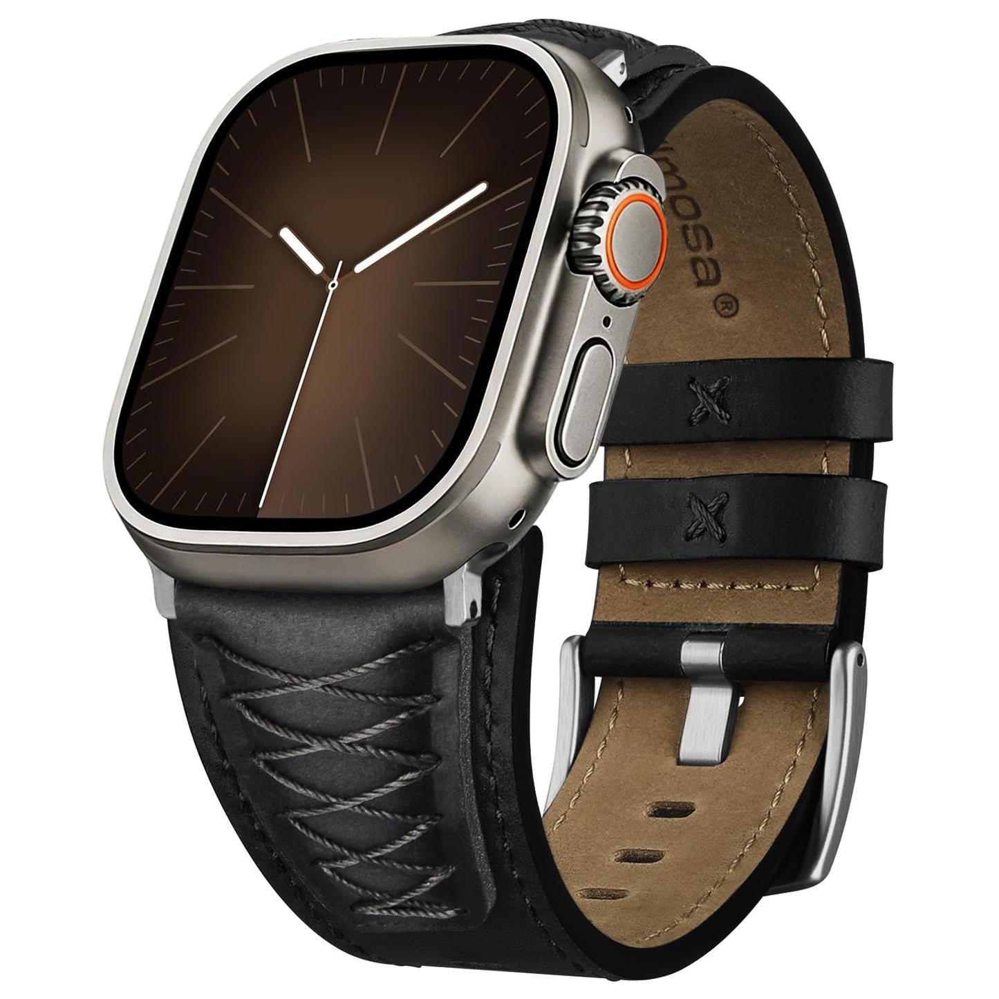 Fullmosa Leather Band Compatible with Apple Watch Ultra 3/2/1 Band 49mm 46mm 45mm 44mm 42mm Men, Top Grain Leather Replacement Strap for iWatch series 11 10 9 8 7 6 5 4 3 2 1, SE 3 2 1,Black+Silver