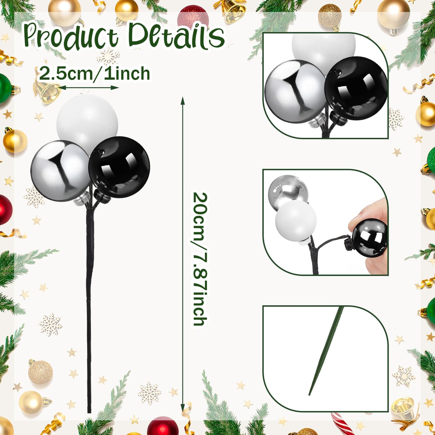Syhood 12 Set 7.9 Inch Christmas Ball Ornaments on Wired Picks Shatterproof Xmas Ball Picks for Christmas Tree Vase Wreath Stairs Garland Decoration Supplies(Black,Silver,White,Plastic)