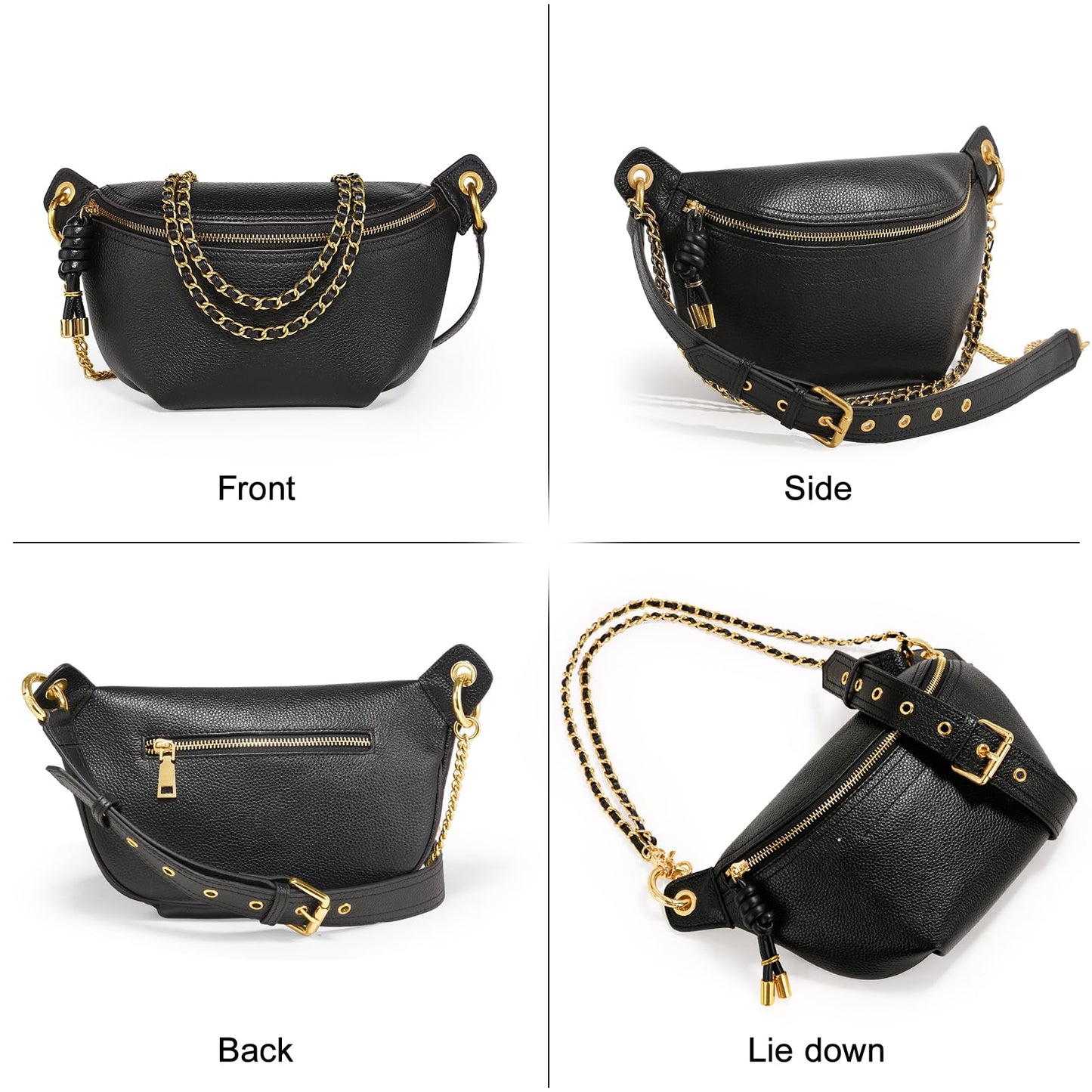 ITAMOOD Genuine Leather Waist Packs for Women, Fashion Fanny Pack Belt Bag, Luxury Designer Trendy Crossbody Bag, Festival Bum Bags for Sports Traveling Running With Chain Straps