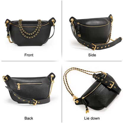 ITAMOOD Genuine Leather Waist Packs for Women, Fashion Fanny Pack Belt Bag, Luxury Designer Trendy Crossbody Bag, Festival Bum Bags for Sports Traveling Running With Chain Straps