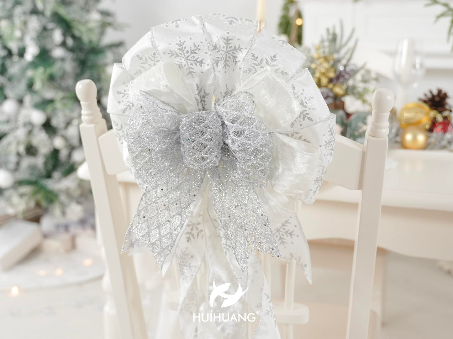 HUIHUANG Silver and White Christmas Tree Topper Bow 13 inch x 45 inch Large Glitter Christmas Bows Snowflake Velvet Bows for Christmas Tree Ornament, Wreaths, Staircase, Mantel, Home Decor