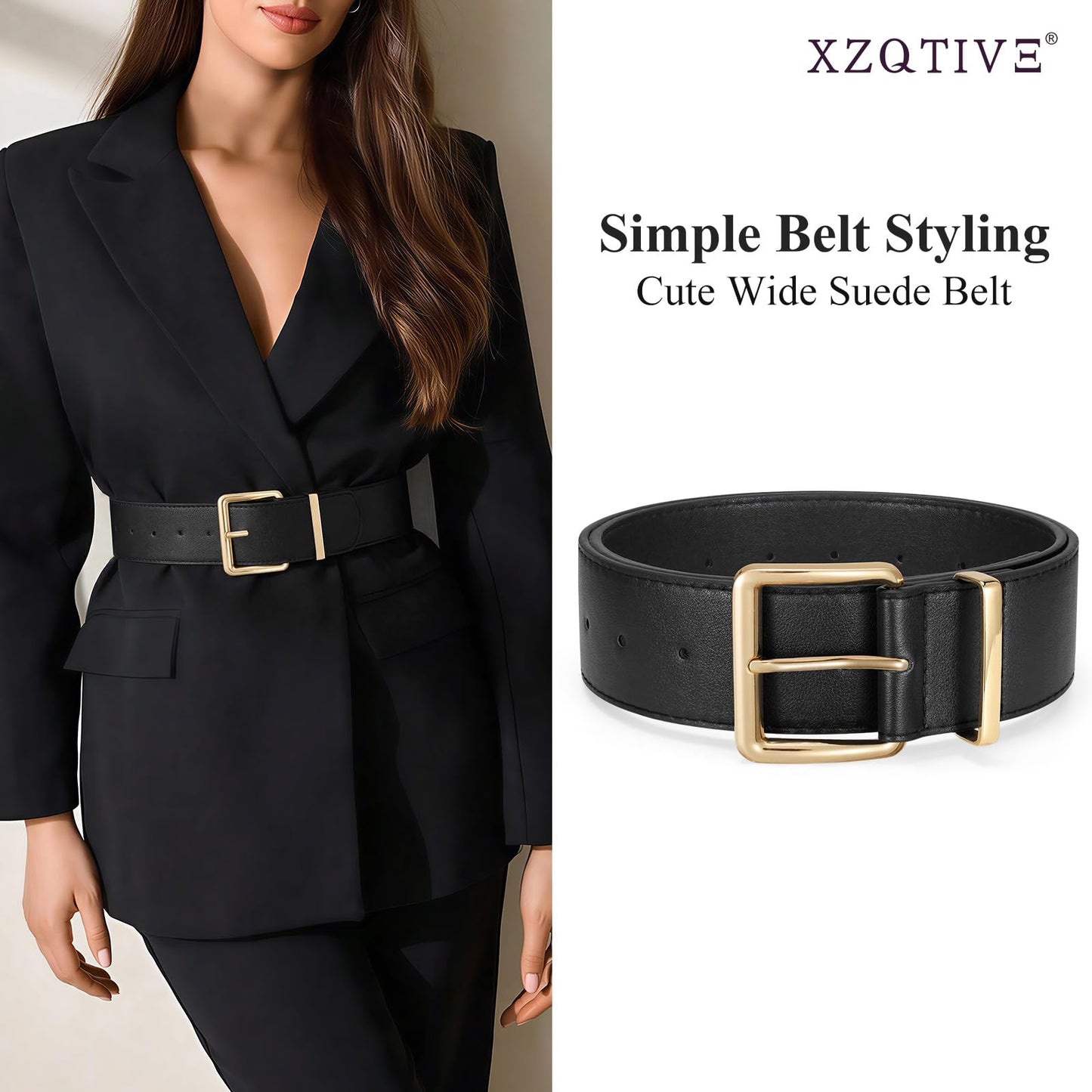 XZQTIVE Women Wide Chunky Belt for Dresses Fashion Thick Leather Belt with Gold Buckle, Black(Fit Waist Size 33"-39")