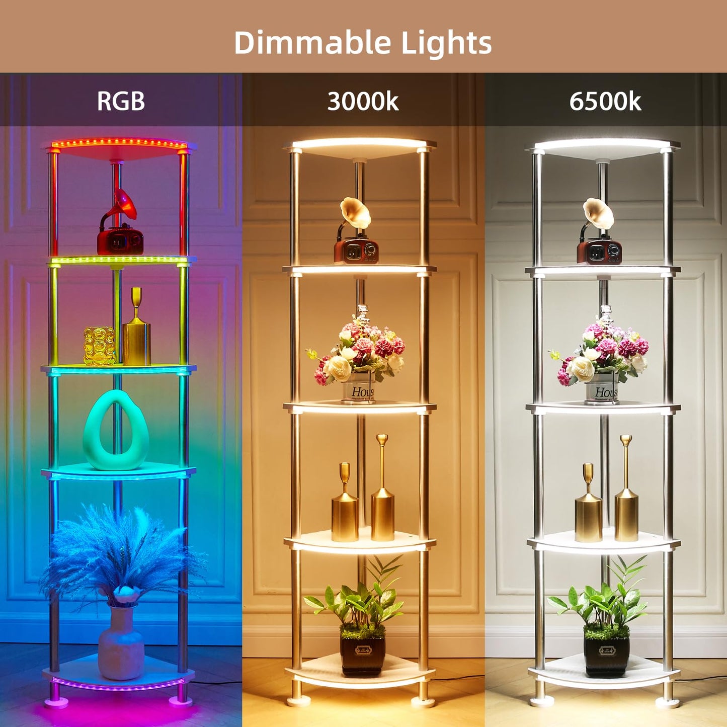 HOPEDAMAI Floor Lamp with Shelves Height Adjustable Music Sync LED Corner Floor Lamp with Charging Stationl Dimmable and Timing RGB Standing Lamp for Christmas Gifts White 5-Tier