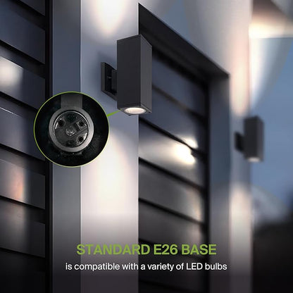 ASD 2 Light Square Outdoor Wall Light Fixture | 120W E26 Socket 120V ETL Cylinder Up Down Lights | LED/CFL/Incandescent Bulb Exterior Wall Sconce | Front Door, Porch, Patio | Black, 6 Pack