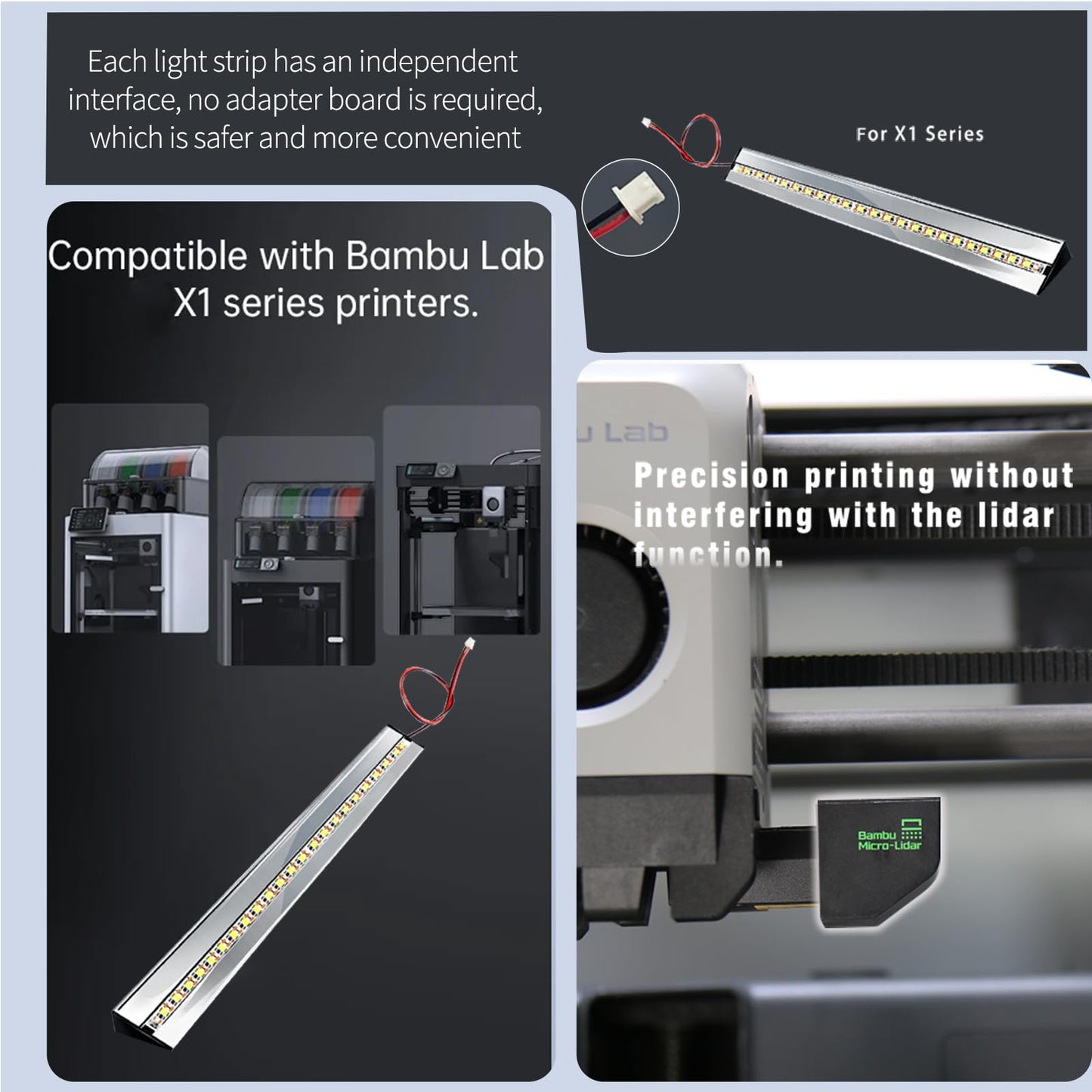 Wefuit Upgrade Led Light Strip Kit for Bambu Lab X1 X1C X1E 3D Printers, High-Brightness Lighting 5V 0.3A LED Light Bar, Magnetic Installation, aluminum alloy shell ensures efficient heat dissipation.