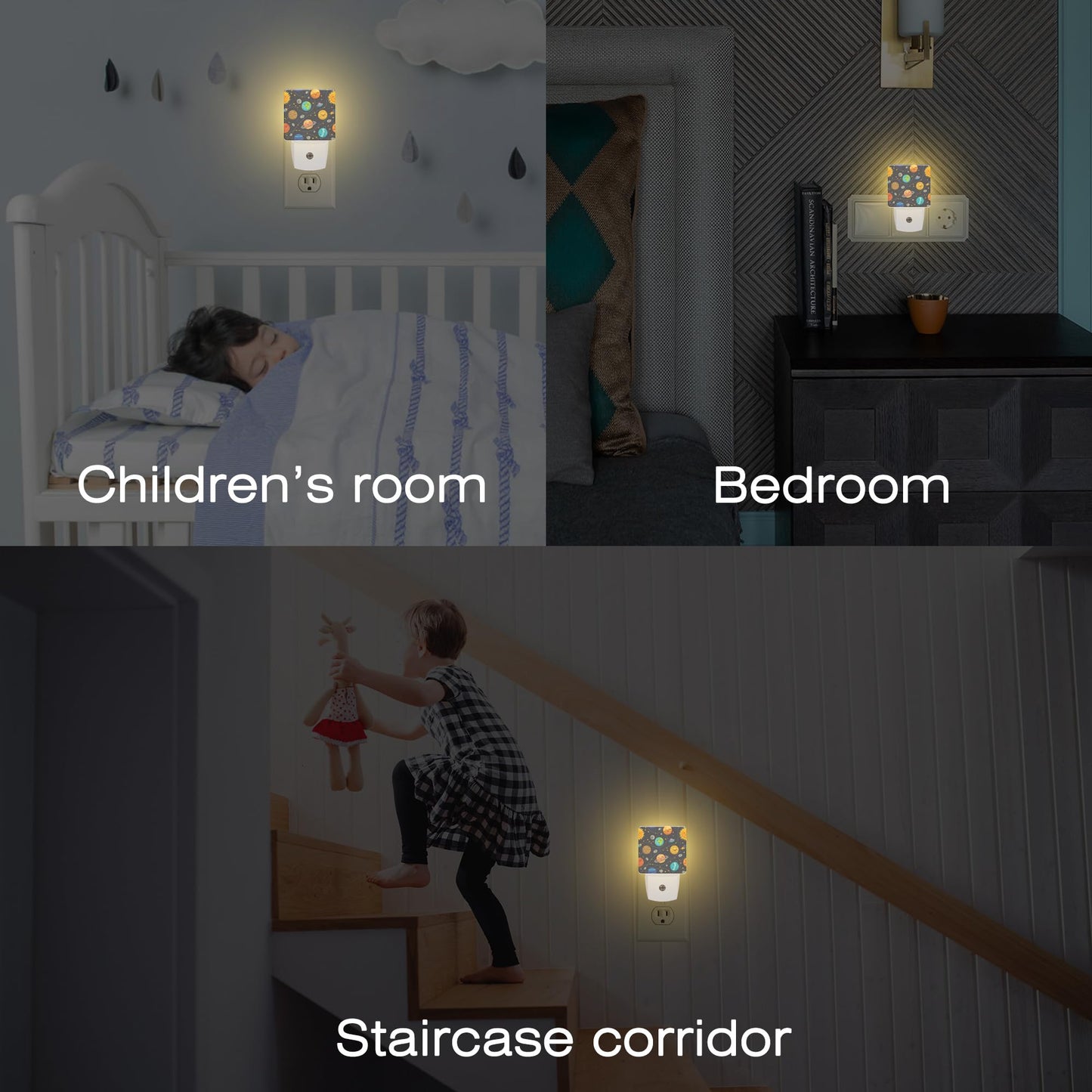 Cartoon Solar System Planets Night Light Plug into Wall,Space Stars Planets Dusk to Dawn Night Light Plug in,0.5w Energy Saving Sleep Friendly NightLight for Kids Boys Girls Home Decor