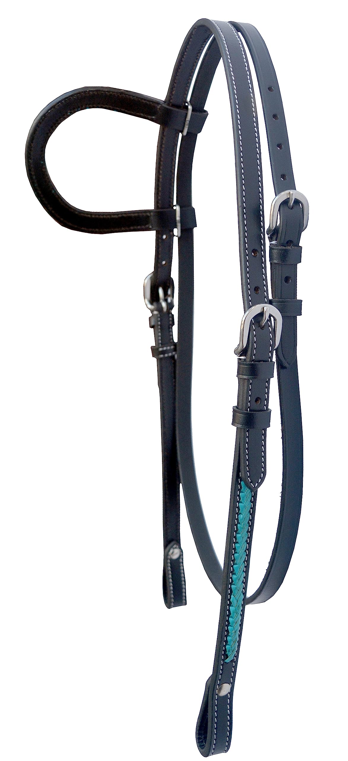 Western Horse Headstall Standard Size – Adjustable Hand Braided Genuine Leather Bridle with Turquoise Rawhide Leather Weaving on Straight Brow Band Western Riding Tack, Black Color Leather (Full Size)