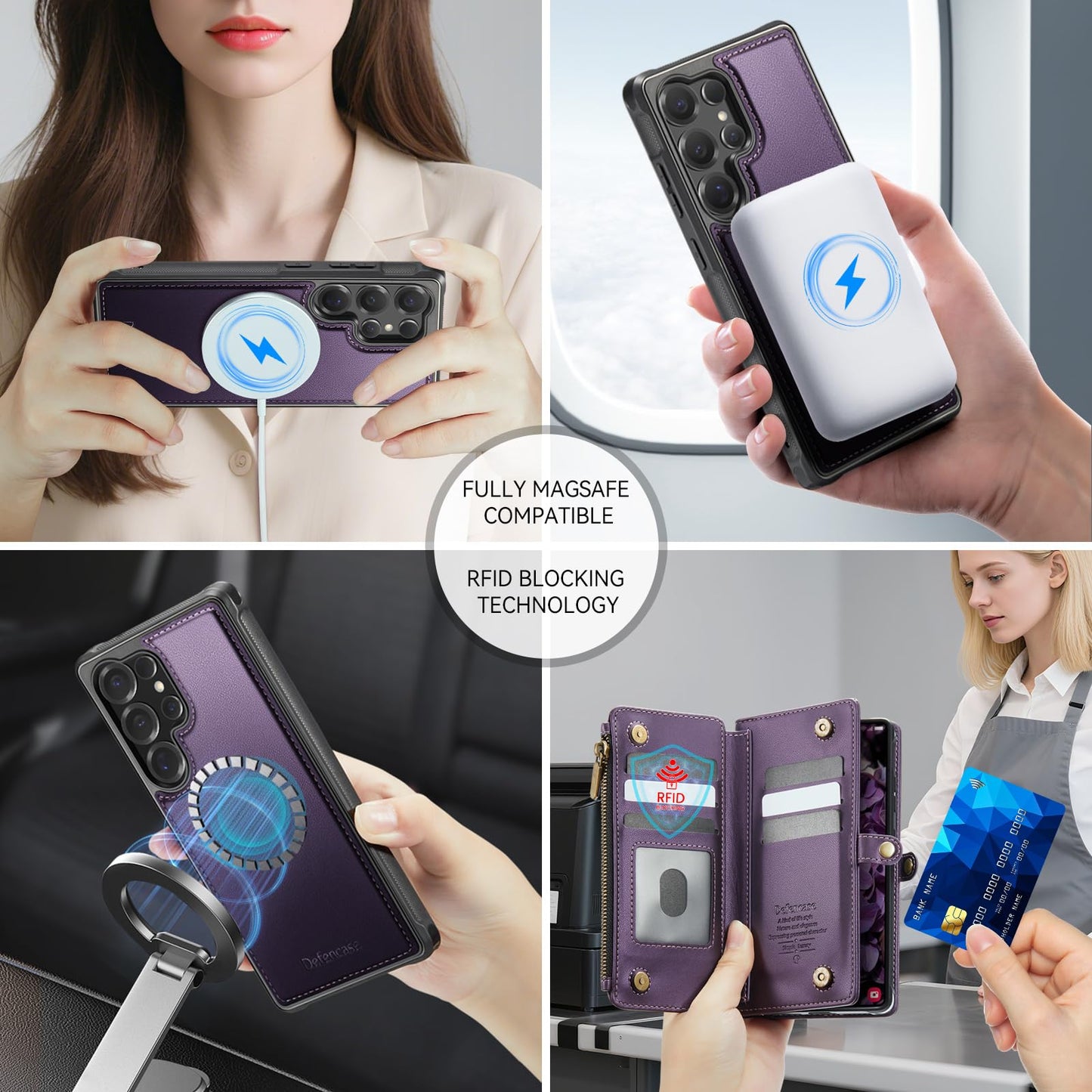 Defencase for Samsung Galaxy S24 Ultra Magnetic Wallet Case Compatible with Magsafe with RFID Blocking Zipper & Card Holder Women, PU Leather Detachable Phone Case for Galaxy S24 Ultra 6.8", Purple