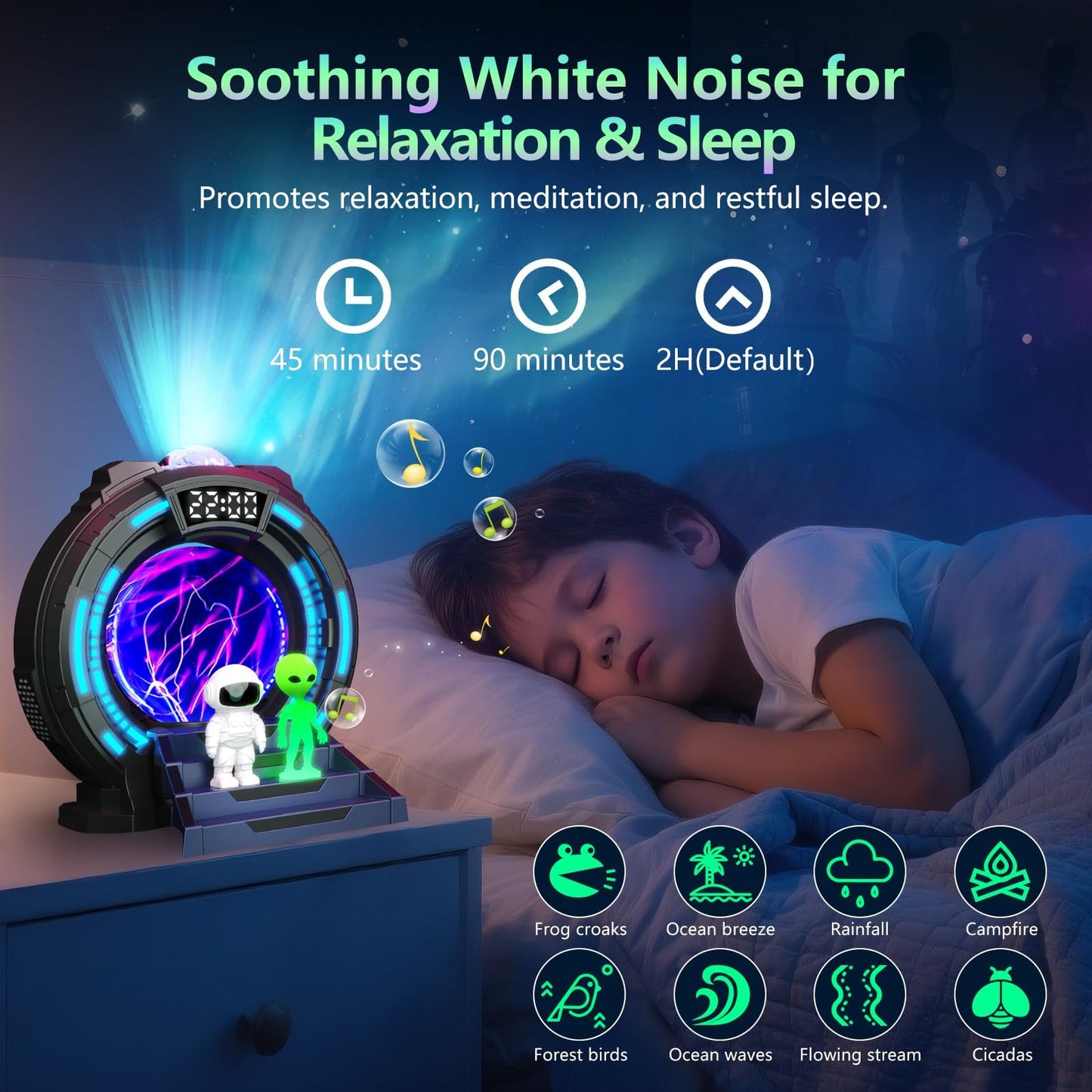Roujune Galaxy Projector with Plasma Ball, 8 Aurora Lights, White Noise Machine, Bluetooth Speaker, Timer Alarm Clock, Remote Controlled Night Light for Bedroom, Kids/Adults, Party
