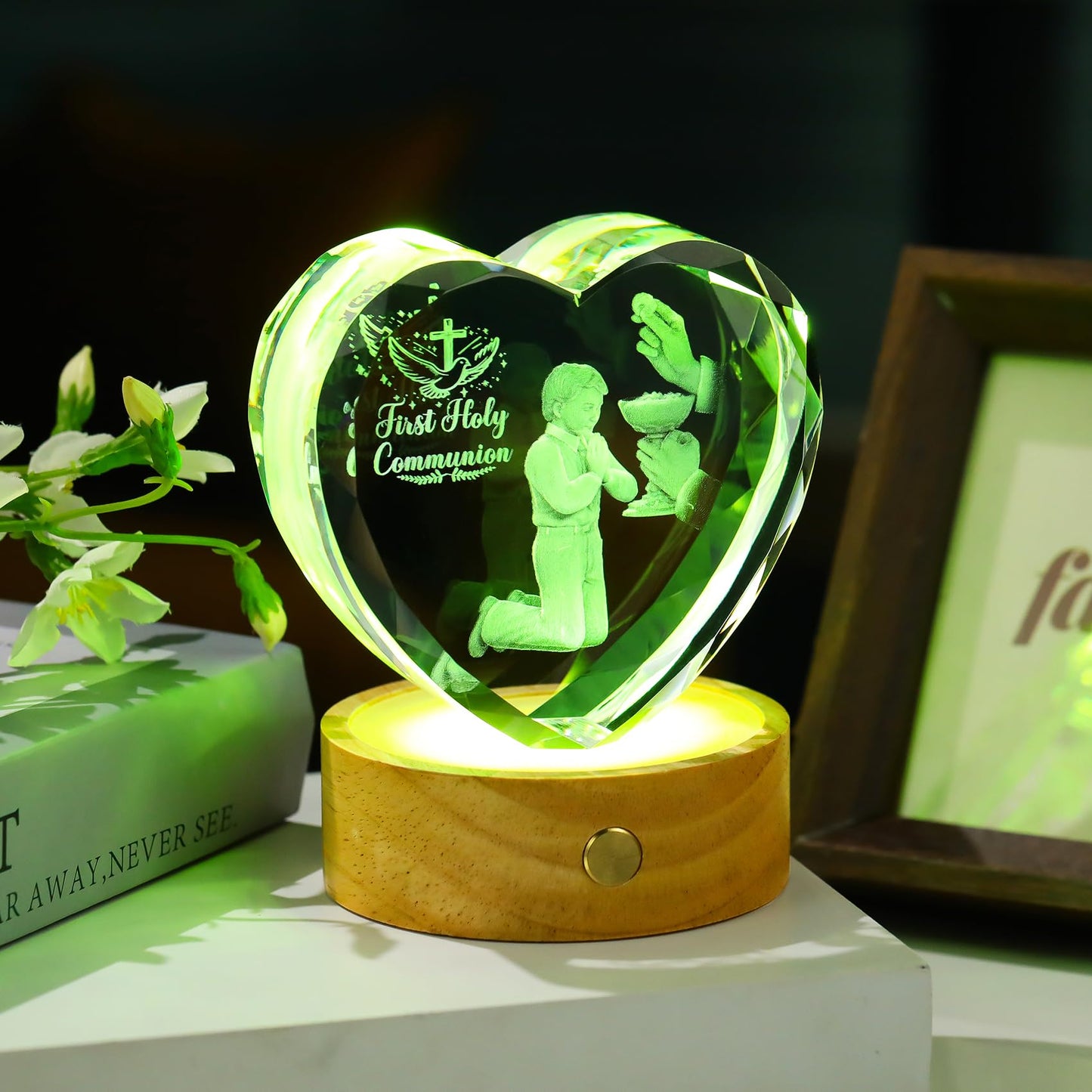 Arikyrist 3D Crystal First Holy Communion Gifts for Boys Men Crystal Heart Laser Engraving Communion Baptism Statue with Wooden Light Base Glass Religious Catholic Christian Decor